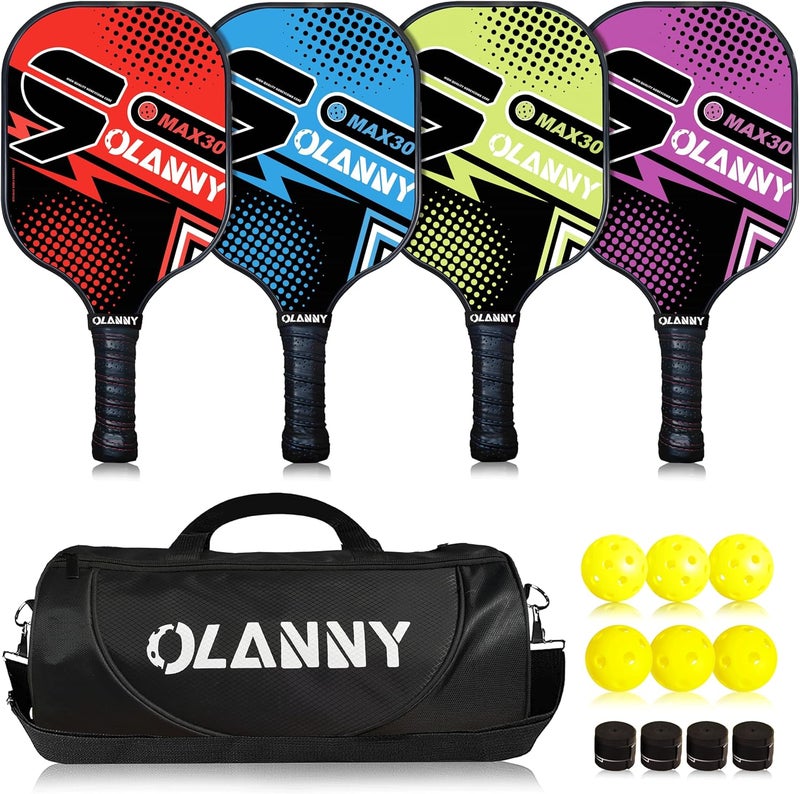 OLANNY مجموعة مضارب بيكلبول من الجرافيت - مضارب متميزة بوجه ألياف ونواة خلوية بوليمرية تتضمن مضارب بيكلبول + كرات بيكلبول + مقبض ناعم بديل + 1 حقيبة - Image 1